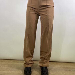 Pantalone gamba larga con riga centrale beige